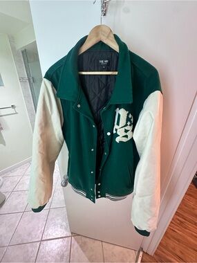 Forest Green & Cream Varsity Jacket with Chenille Lettering from public saint